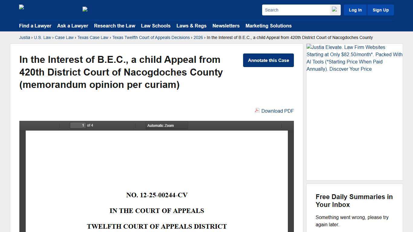 In the Interest of B.E.C., a child Appeal from 420th District Court of Nacogdoches County :: 2026 :: Texas Twelfth Court of Appeals Decisions :: Texas Case Law :: Texas Law :: U.S. Law :: Justia